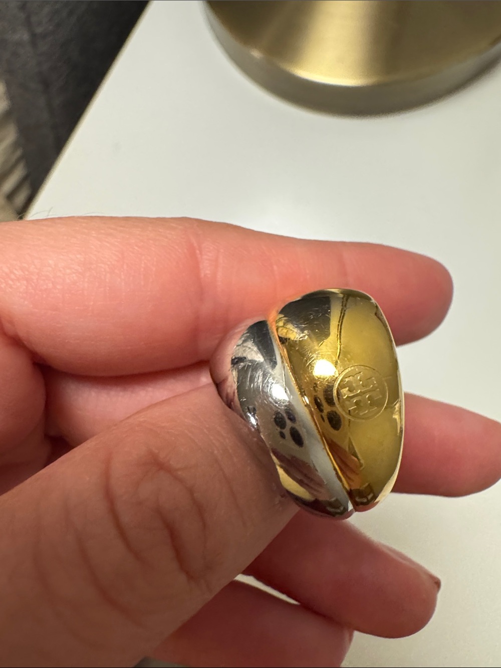 Tory Burch Size 7 Two-Tone Gold and Silver Logo Ring